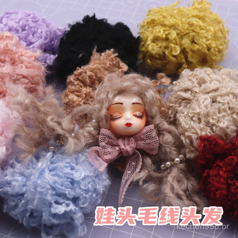 Broche de resina de argila, cabelo de lã multicolorido, peruca de boneca, cabelo cacheado feito à mão DIY, porco de bele