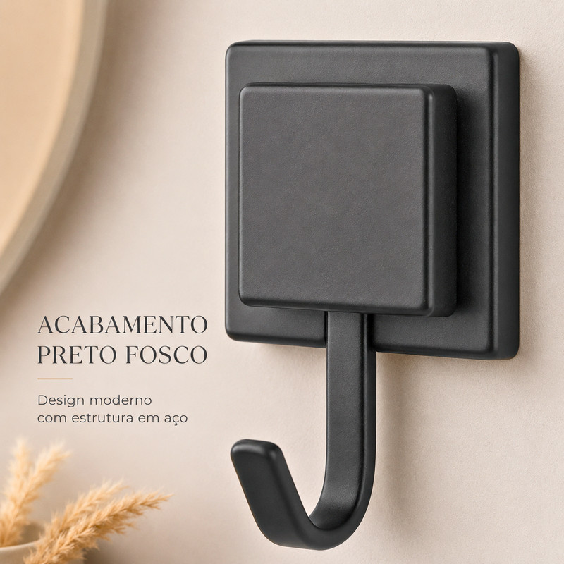 Gancho Adesivo Preto Fosco 3M Sem Furo Para Toalha Banheiro Cozinha Lavanderia Resistente Casa Primo · foto 2
