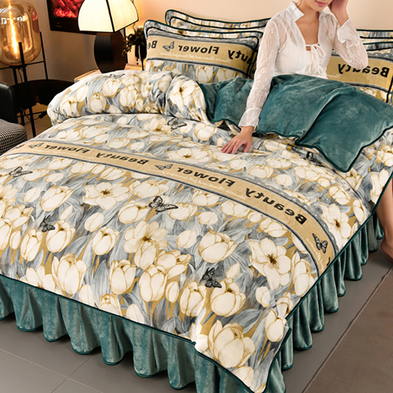 Inverno grosso uma classe Coral velo conjunto de quatro peças leite velo cama dupla face quente flanela colcha capa cama