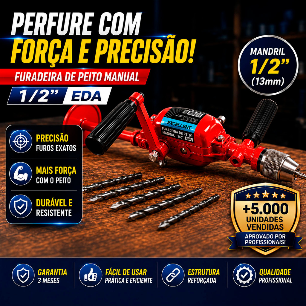 Furadeira De Peito Manual EDA 1/2 Ferramenta Reforçada P/ Oficina Reparos Marcen