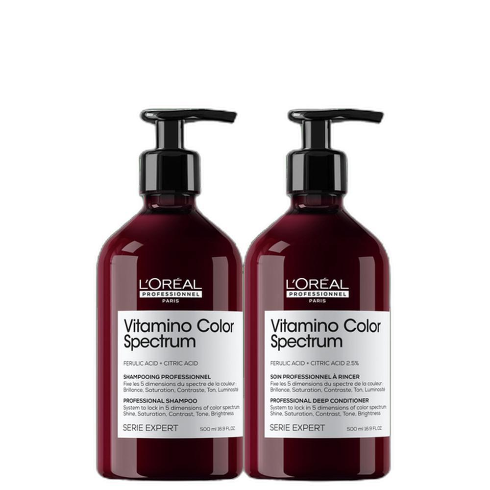 Kit contendo um frasco de shampoo e um frasco de condicionador L'Oréal Professionnel Vitamino Color Spectrum de 500ml cada, com embalagens na cor vinho e válvulas pump pretas.