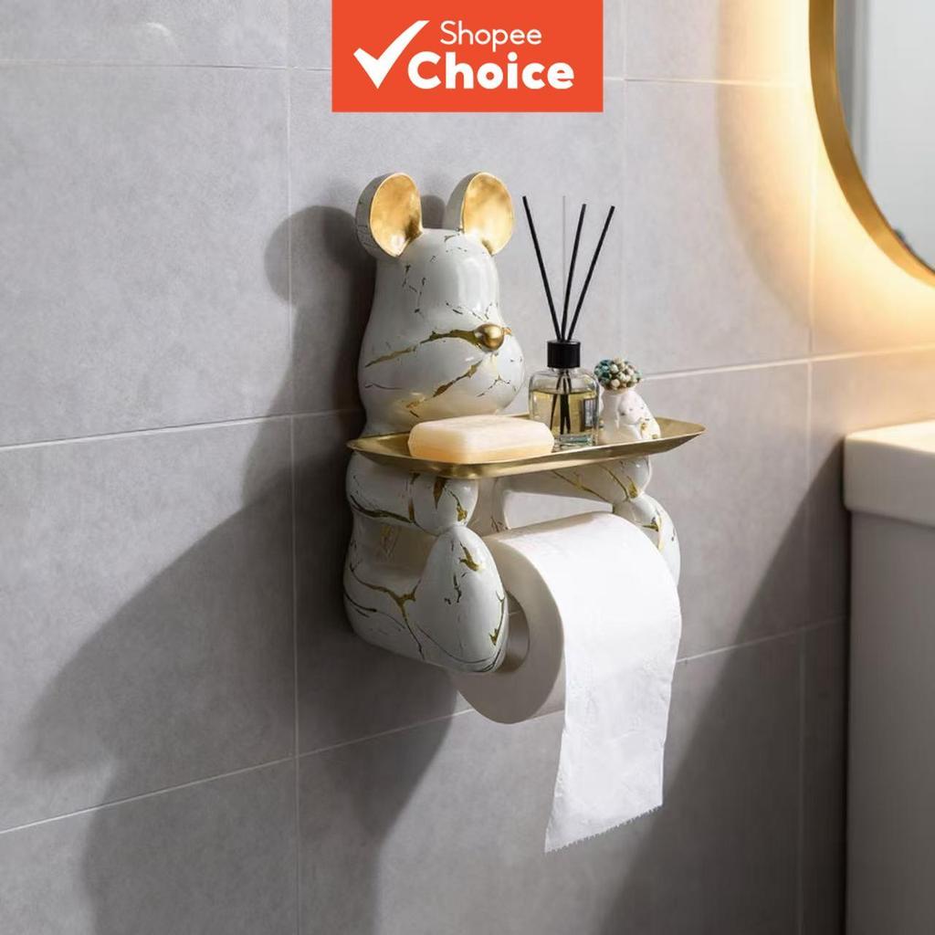 Suporte de papel higiênico de luxo de urso violento branco dourado com bandeja, porta-papel de resina para banheiro,