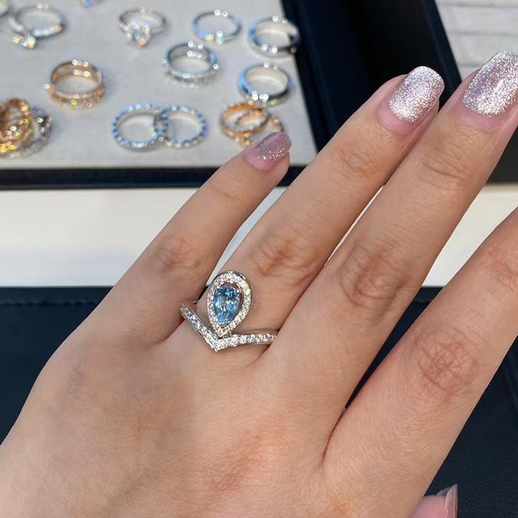 Anel de água-marinha Josephine que não desbota, anel feminino de safira platina, diamante em formato de coração