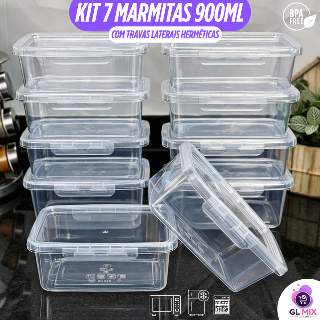 Kit 7 Marmitas 900ml Travas Laterais Herméticas Reutilizáveis - BPA FREE para Alimentos e Congelador