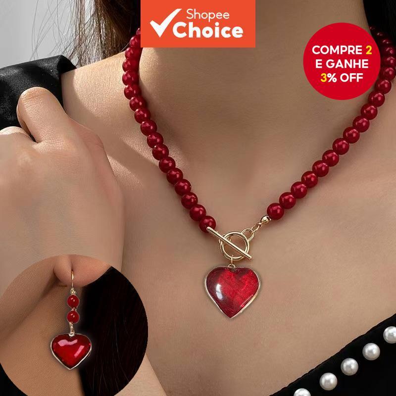 Conjunto De Joias De Coração Vermelho 3 Peças Colar Brincos Vintage Clássico Presente Feminino