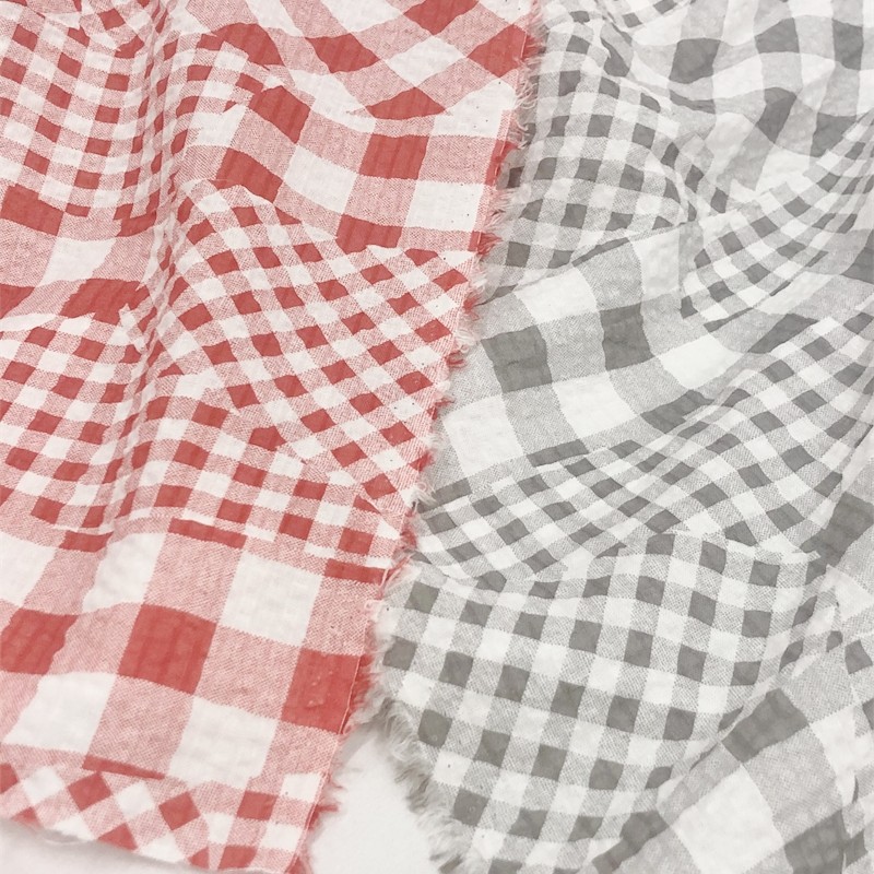 Importado Irregular xadrez plissado bolha algodão verão fino ligeiramente transparente camisa saia nicho Designer tecido