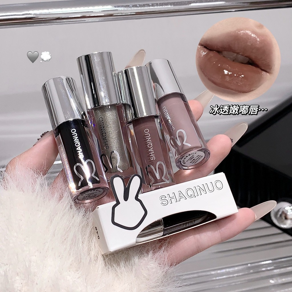 Brilho labial transparente macio brilho de água espelho esmalte labial marrom lábio preto prata lábio cinza liso claream