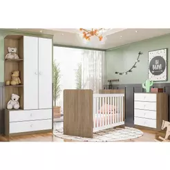 Quarto Infantil Completo Labirinto 3 Peças (1 Guarda Roupa + 1 Berço + 1 Cômoda) QI58 Rústico/Branco - Henn