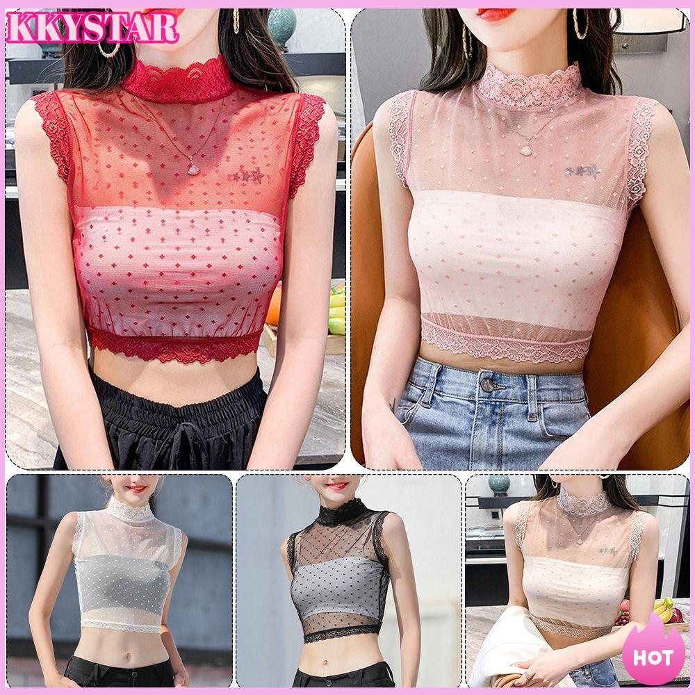 Colete De Renda KKXYSTAR , Malha Macia Meia Gola Alta , Elástico Casual Sólido Hotsweet Crop Tops Femininos