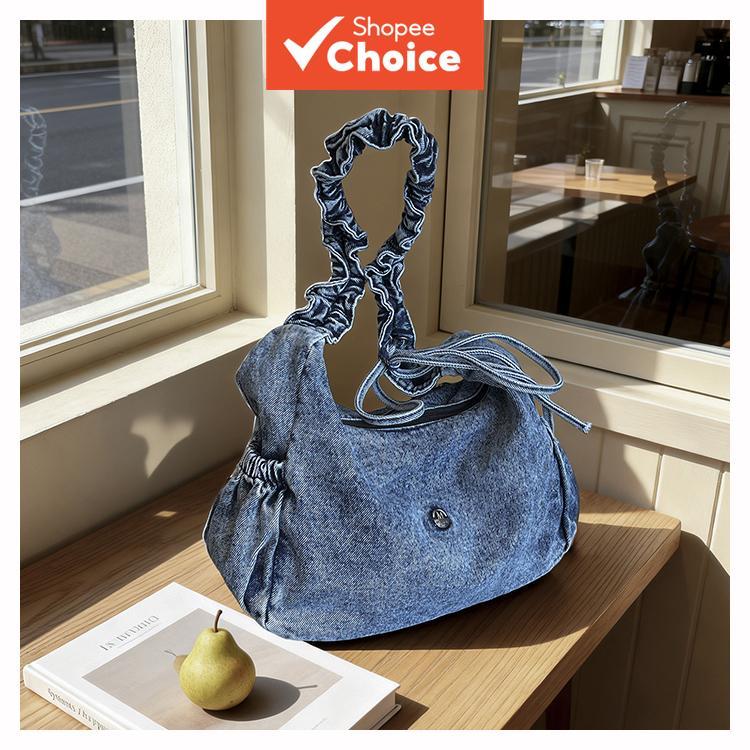 Bolsa de ombro feminina casual com alça franzida, bolsa hobo jeans de lavagem clara