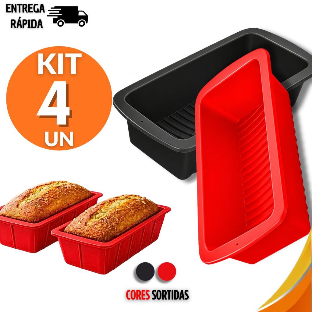 Conjunto 4 Formas Pães Bolos Inglês Assadeiras Retangular Silicone Antiaderente Utensílios Cozinha Culinária Confeiteira