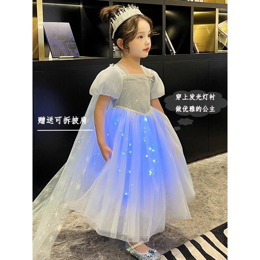 Novo produto pronto estoque meninas elsa vestido de princesa verão vestido luminoso crianças congelado menina elsa vesti
