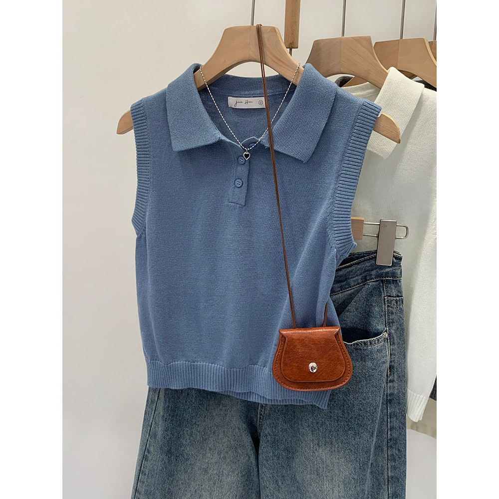 Moda na moda Casual High-End azul sem mangas camisa polo de malha feminina verão 2026 novo estilo lapela colete topo
