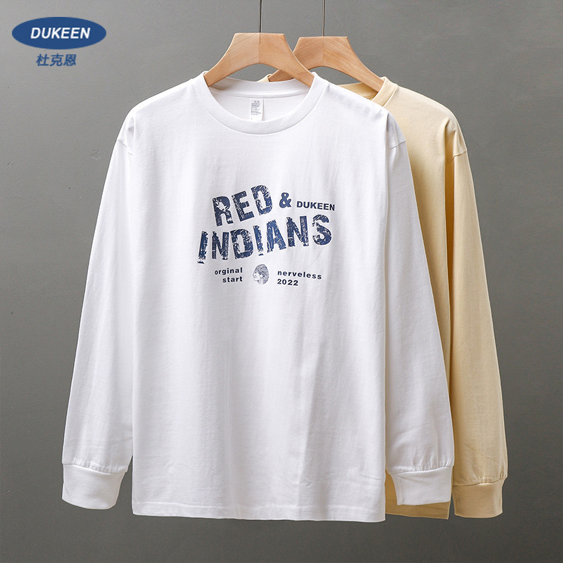DUKEEN estilo americano 260g pesado manga comprida camiseta masculina primavera outono carta impressa puro algodão camis