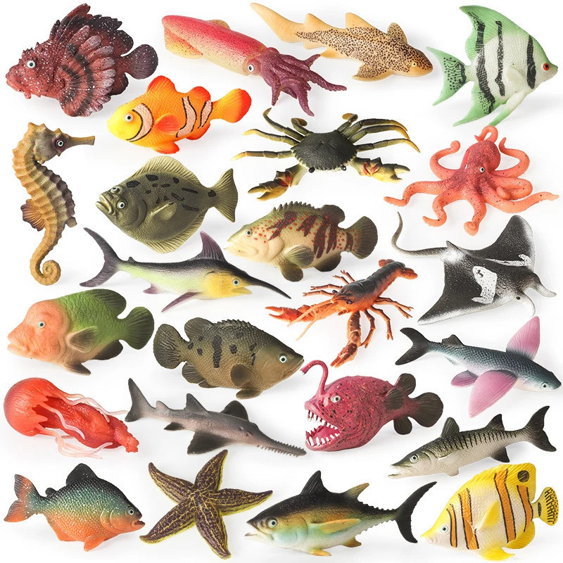 Animais marinhos: lula, caranguejo, peixe-palhaço, peixe-leão, estrela-do-mar, tubarão, peixe-borboleta - modelos macios
