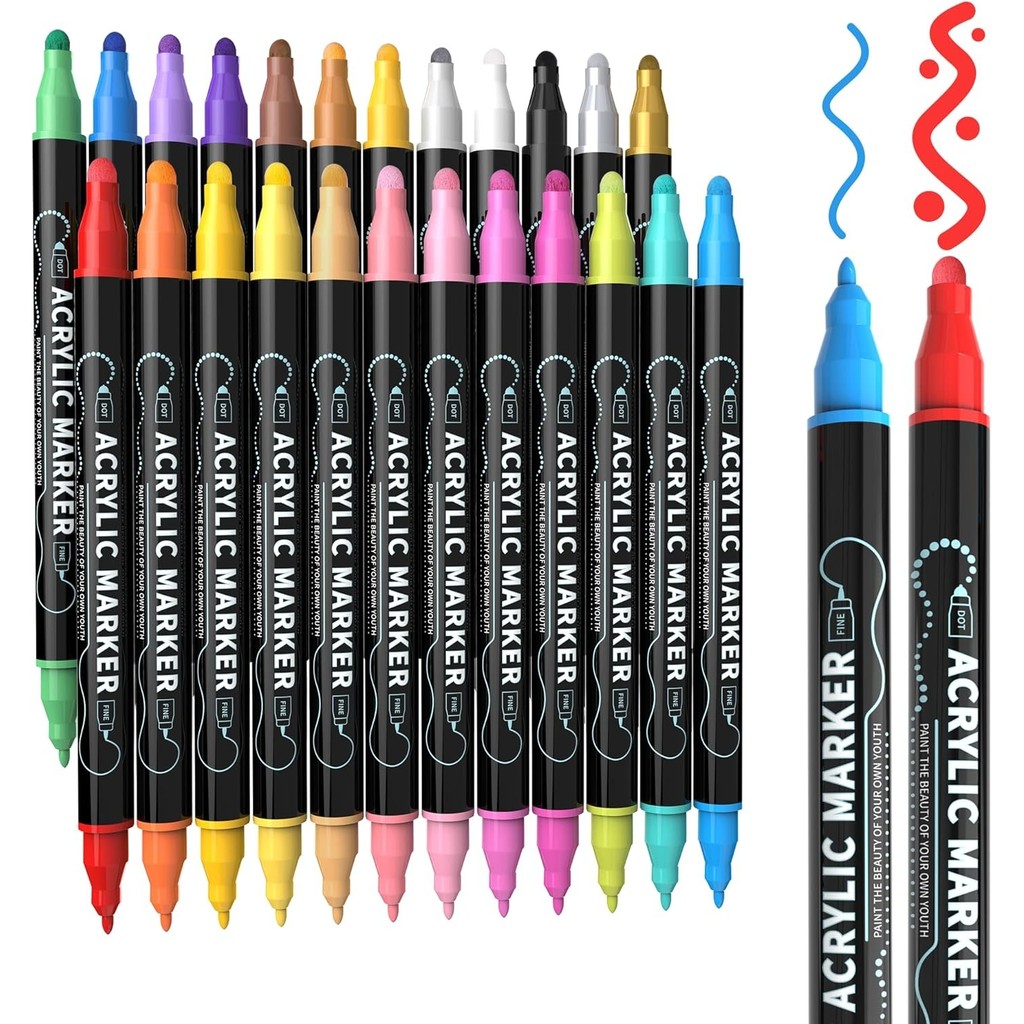 Marcadores De Tinta Acrílica De Ponta Dupla De 24 Cores , Canetas Para Colorir De Ponto Premium E Fina Rocha , Madeira ,