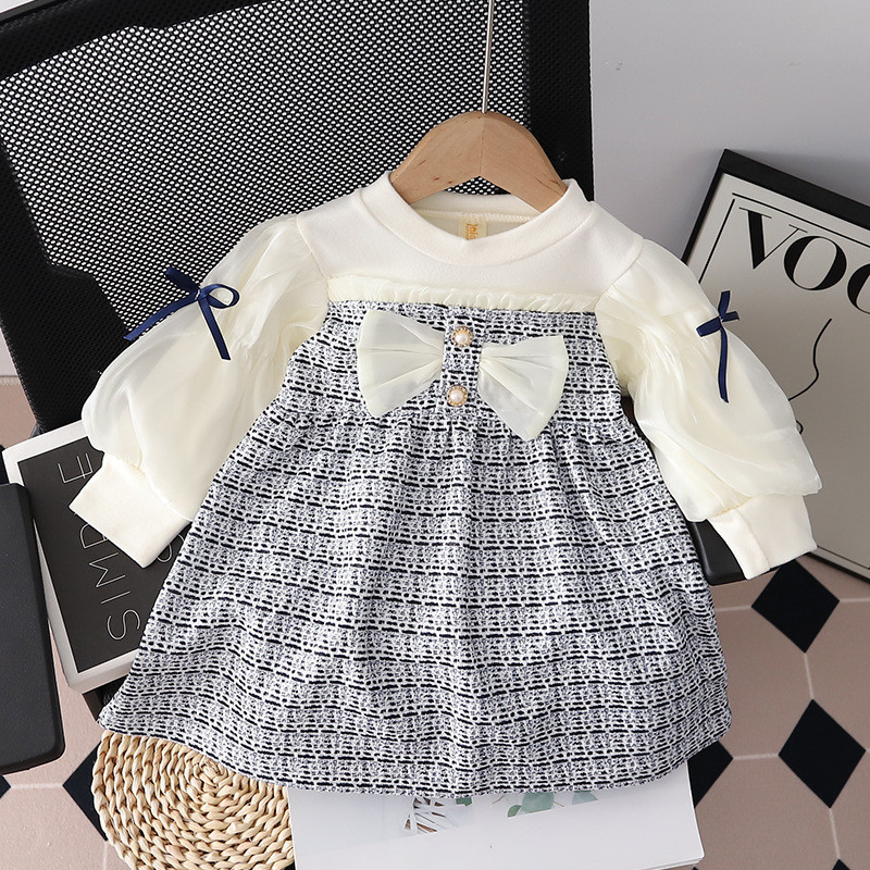 Vestido De Manga Comprida Xadrez Preto E Branco Para Meninas Infantis Princesa Com Laço De Chiffon Roupas De Bebê