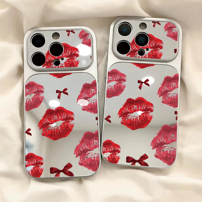 Capa de Telefone Espelhada com Estampa de Lábios Vermelhos e Laço, Troca Instantânea para iPhone 17 Pro, Capa Espelhada