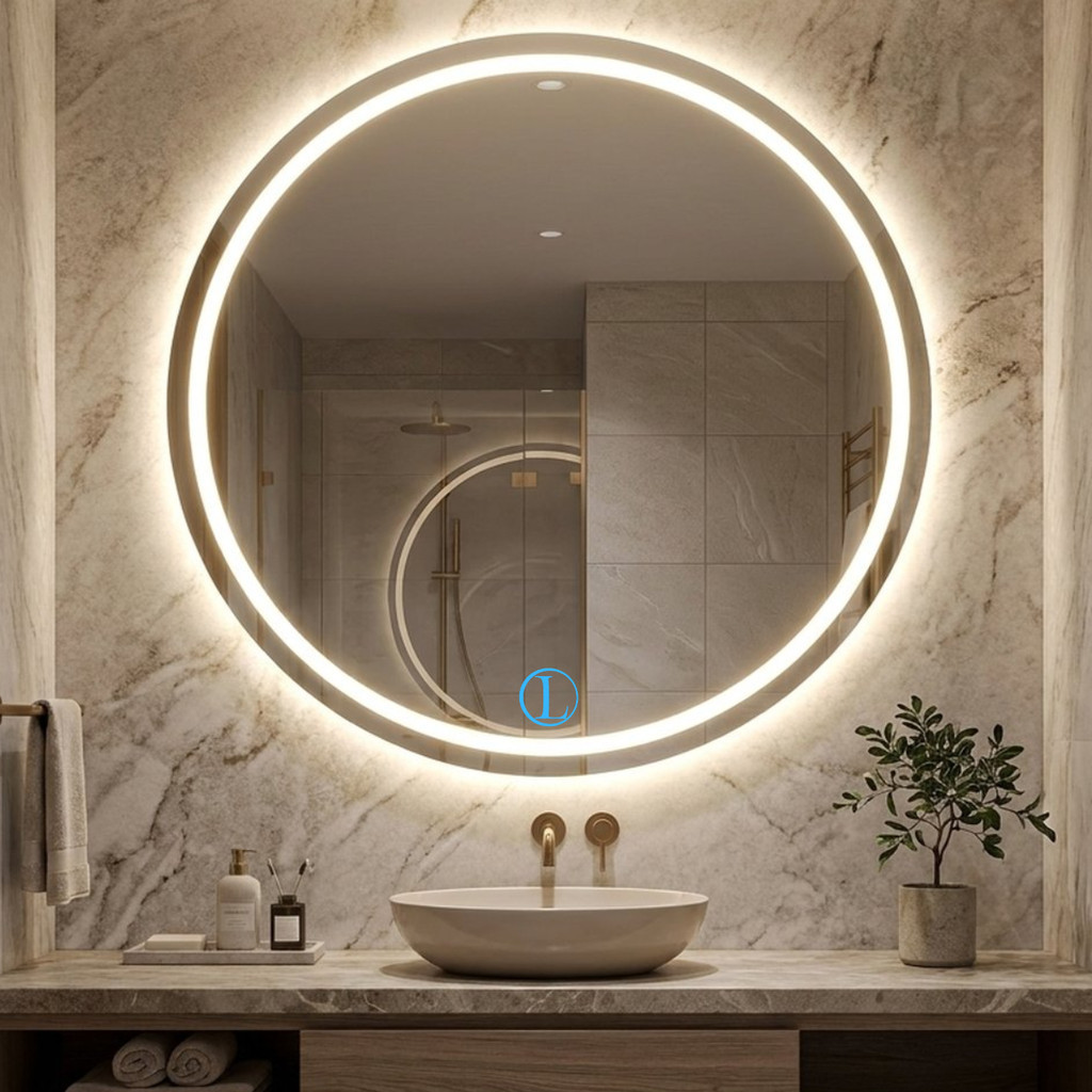 Espelho Lopazzi Redondo com Led Jateado 3tons 100x100 Lapidado P/ Lavabo, Quarto, Penteadeira Estudio de Maquiagem
