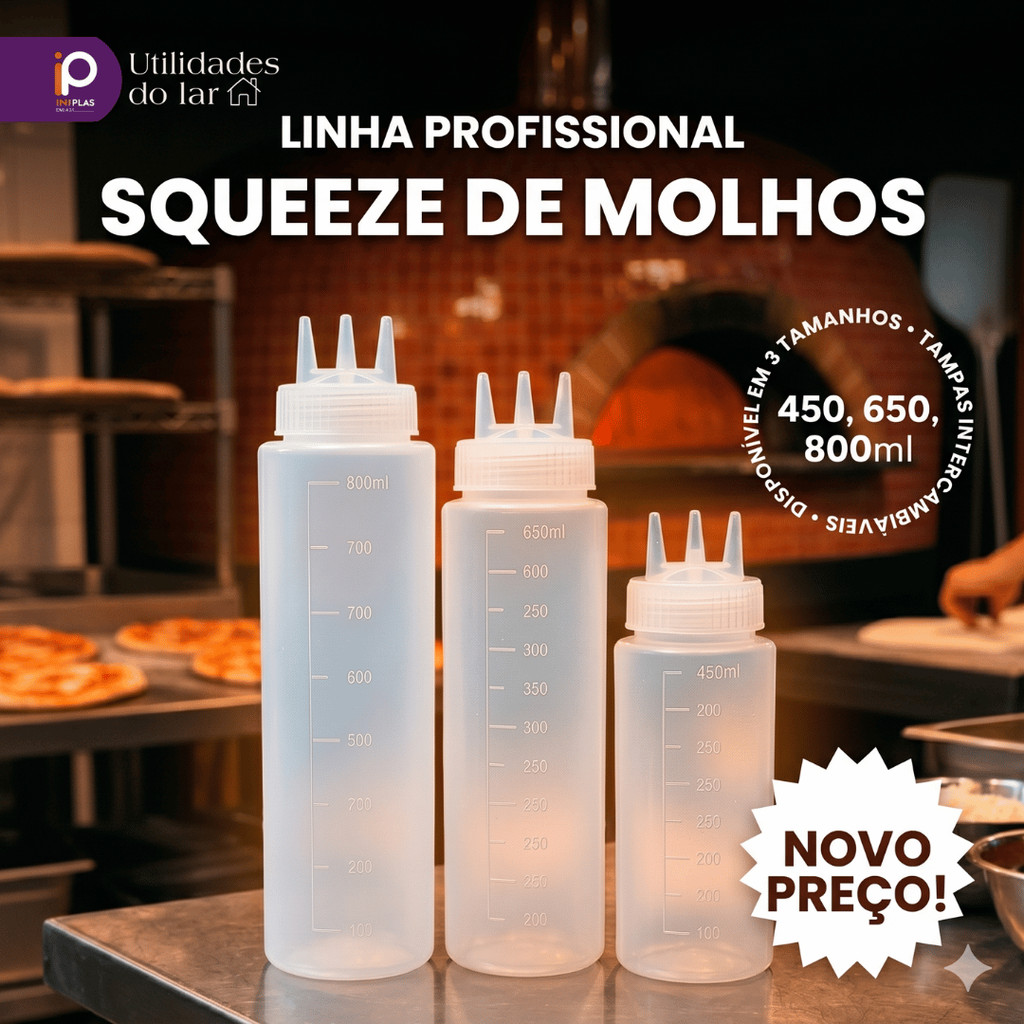 Bisnaga para Molhos Profissional Flexível 450ml 650ml 800ml Maionese Ketchup Confeita Tampa 3 Bicos