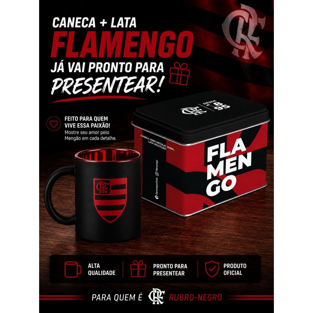 Caneca Oficial Flamengo Vidro Diamond 300ml Lata Metal Oficial Presente Licenciado Original