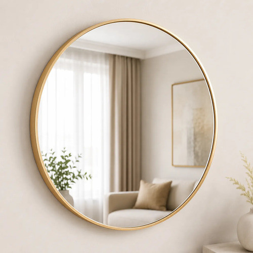 Espelho Redondo Decorativo Dourado 30 40 60cm – Moldura Fina Moderna Para Sala Quarto Banheiro