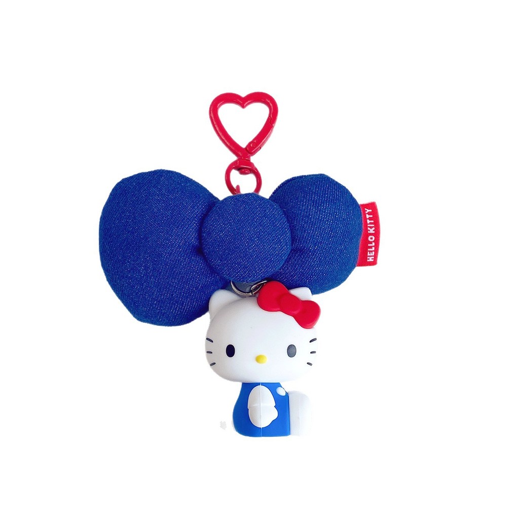 Chaveiro de fita jeans genuíno da Hello Kitty, lindo e fofo, pingente de pelúcia para bolsa, chaveiro de carro, p