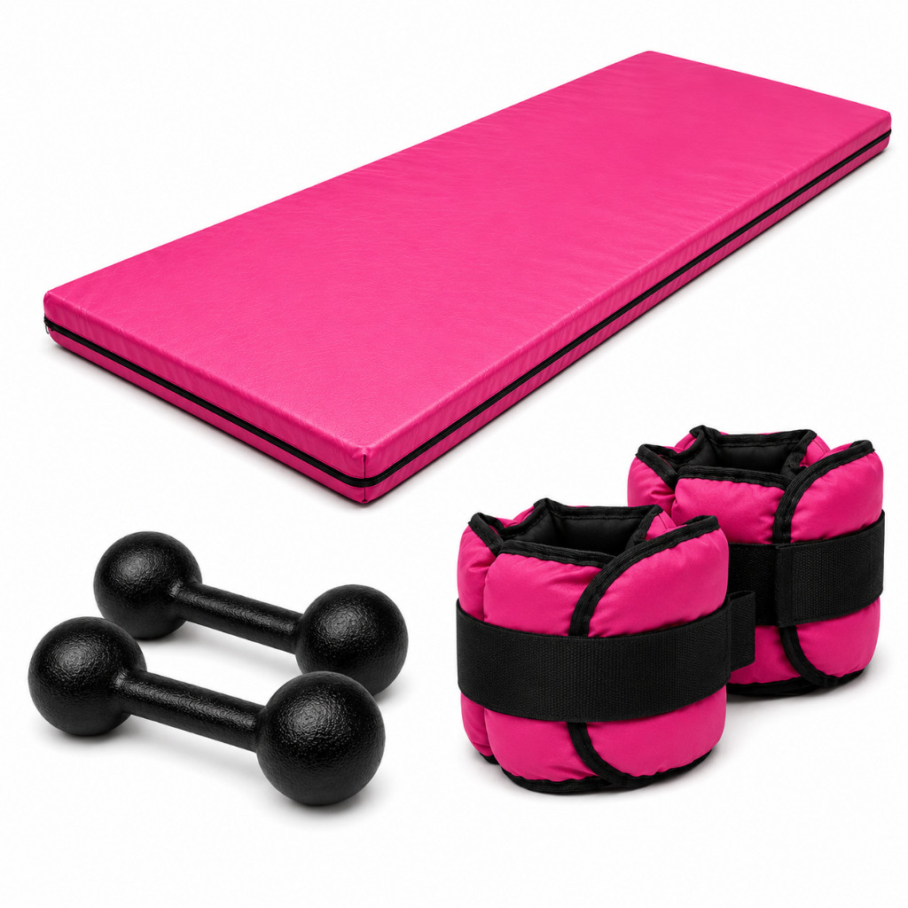 -Promo KIT FITNESS COMPLETO COLCHONETE ROSA + PAR 3KG HALTER BOLA + PAR 3KG CANELEIRA ROSA | TREINO EM CASA OU ACADEMIA