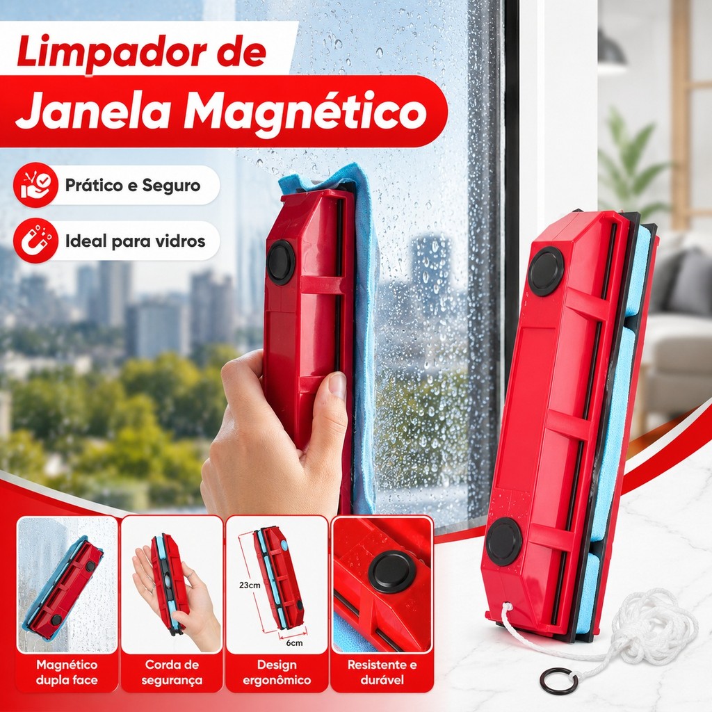 Limpador de Vidro Magnético com Cordão de Segurança para Janela Box Espelho e Superfícies Lisas