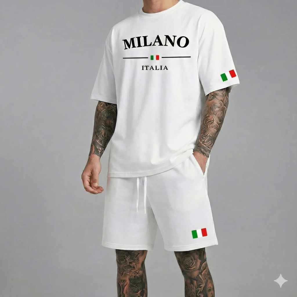 Kit Camiseta Milano Short Tactel Estampa Milano Itália Algodão Masculino Casual italiano Estiloso