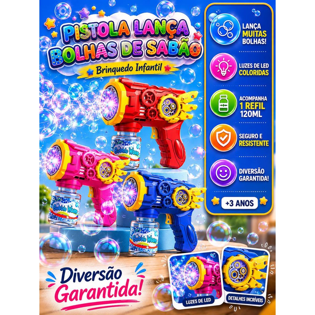 Brinquedo Infantil Super Pistola Lança Bolhas de Sabão c/ LED Colorido