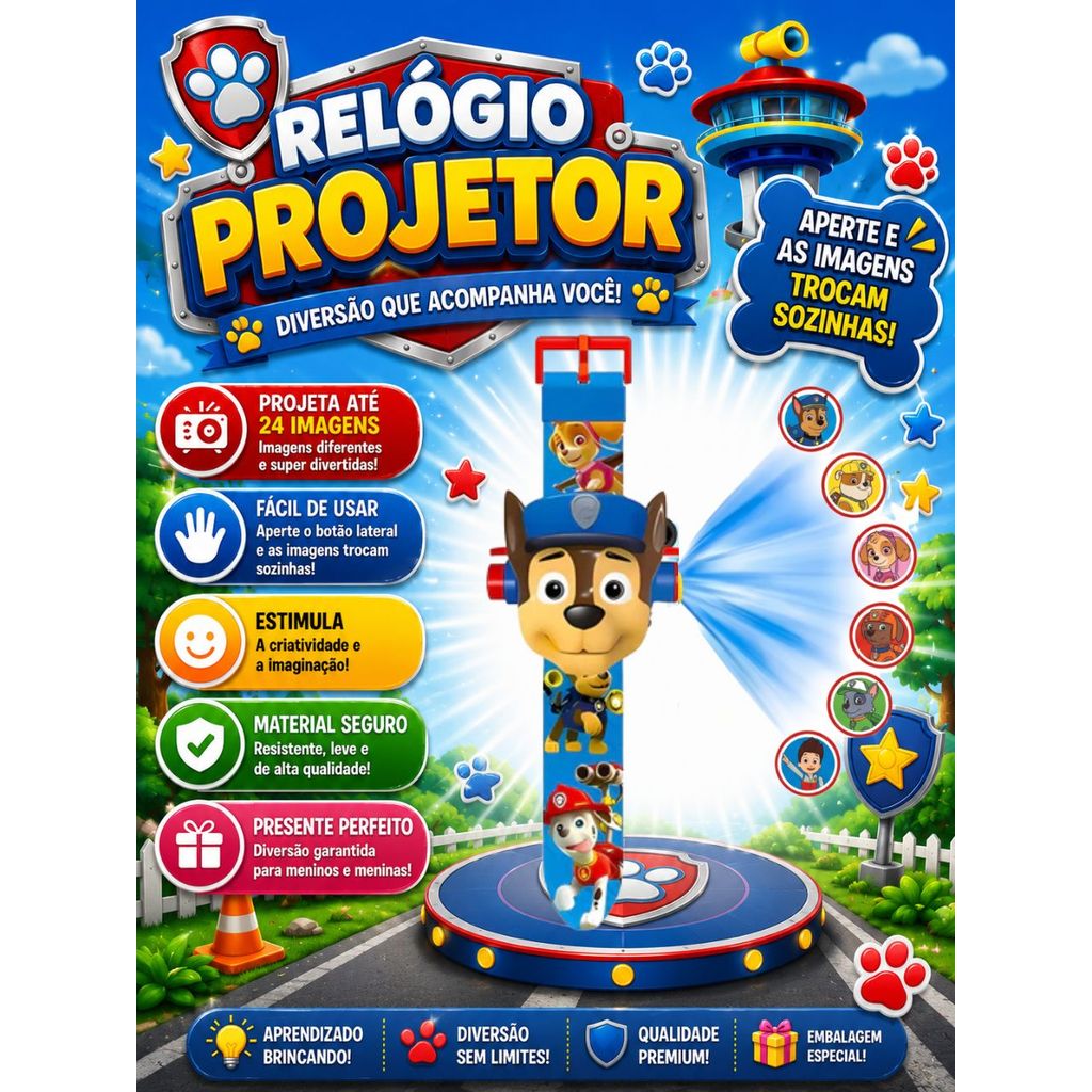 Relógio Infantil Projetor 3D Patrulha Canina