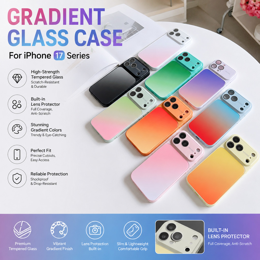 Gradiente De Vidro Temperado Caixa Do Telefone iPhone 17 Pro Max 16 15 14 Proteção Completa Da Lente Câmera À Prova De C