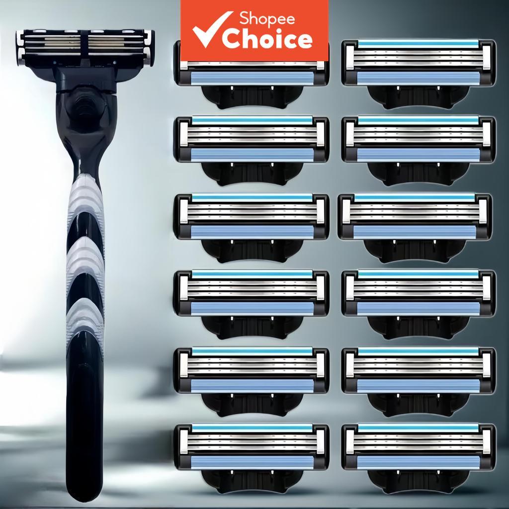 Barbeador Manual Masculino Com 8 Lâminas E Cabo-Navalha De Segurança De 3 Camadas Para Fácil Cuidado De Barba