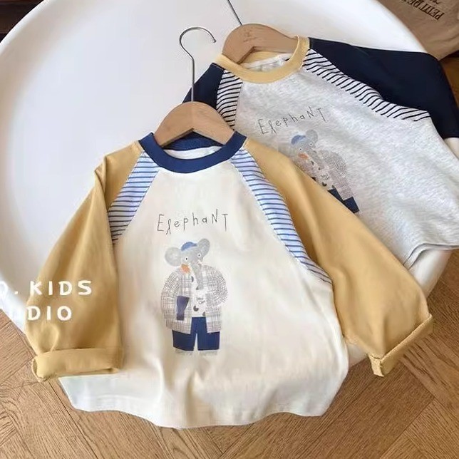 Meninos de manga comprida camiseta primavera outono novo estilo crianças estilo ocidental cor-bloqueio em torno do pesco
