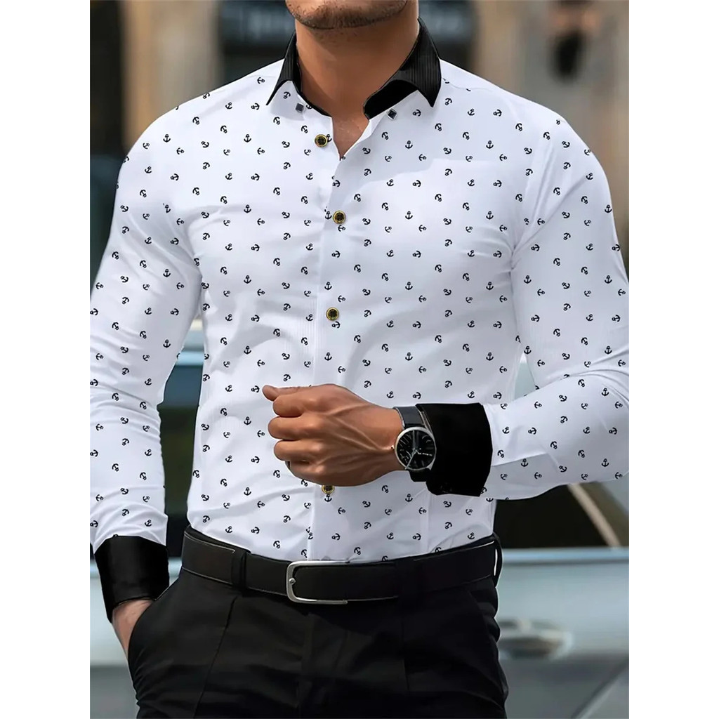 Nova Moda Masculina Âncora Impressão Contraste Cor Lapela Camisa De Manga Longa Negócios Casual Fino Ajuste Não-Ferro Ve