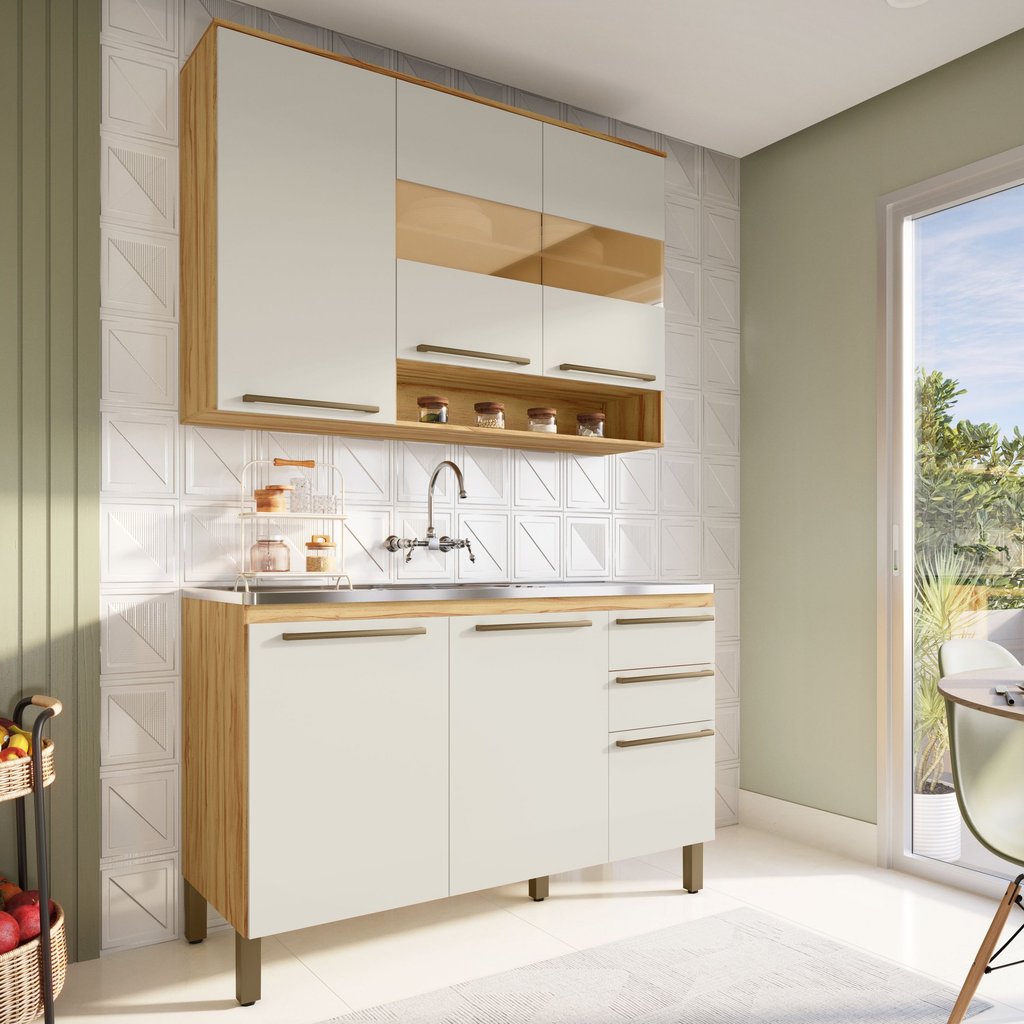 Armário de Cozinha Compacta Modulada 2 Peças 6 Portas sem Tampo com Vidro 100% MDF Itália Espresso Móveis
