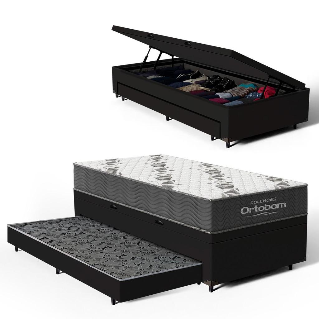 Cama Box Baú com Colchão de Espuma D33 Ortobom Airtech 100 + Auxiliar Unique Solteiro 88cm
