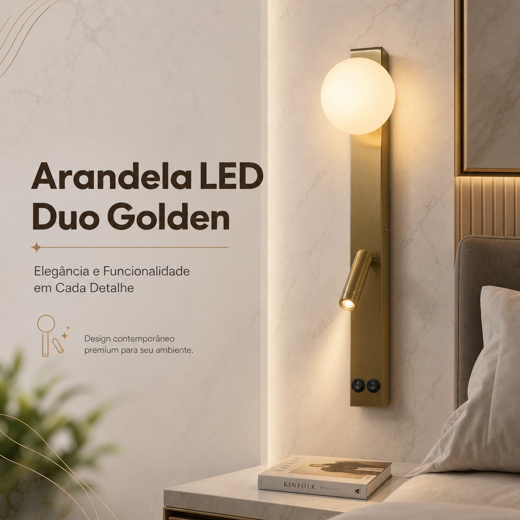Arandela Parede Led Leitura Duo Globo Dourada 6w Bivolt