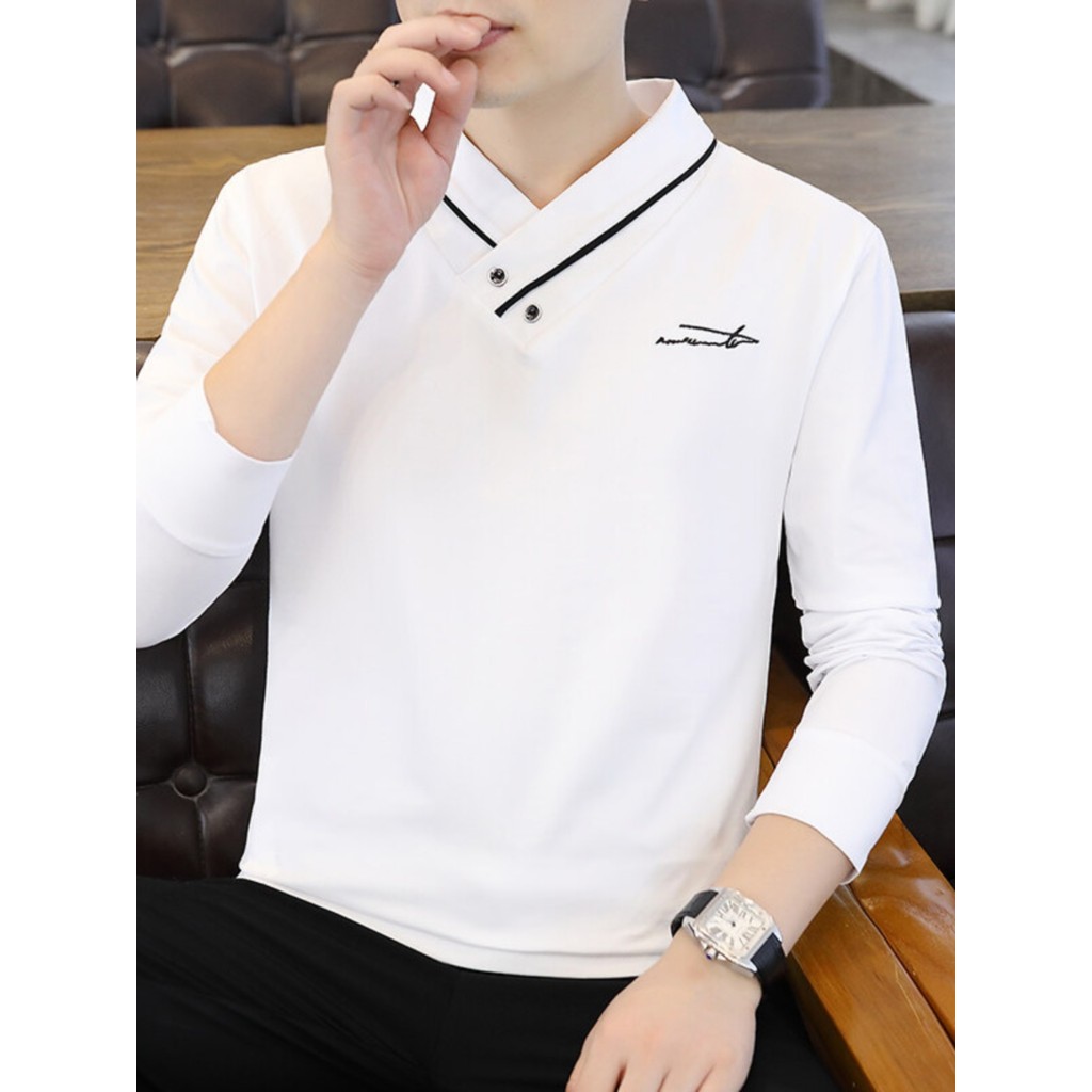 Primavera outono camiseta de manga comprida masculina bordada com decote em V Street Wear All-Match juventude Casual cam
