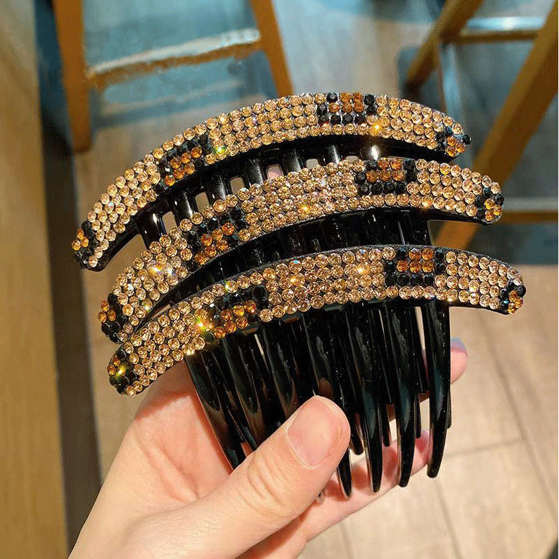 [Estoque pronto] Moda simples strass leopardo impressão pente de sete dentes inserção pente bola cabeça placa pente de c
