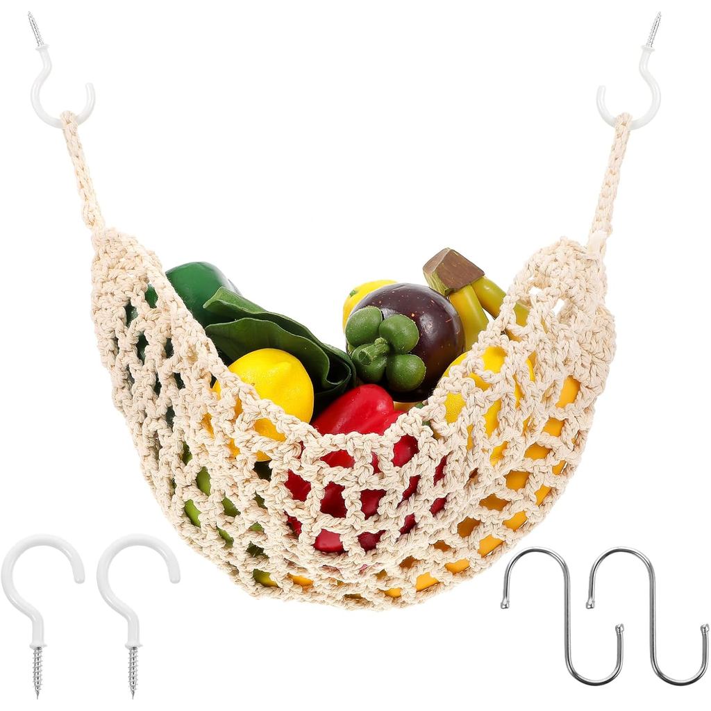 Rede Suspensa para Frutas com Ganchos, Cesto de Macramê para Cozinha, Suporte de Frutas Boho Feito à Mão, Cesto Organiza