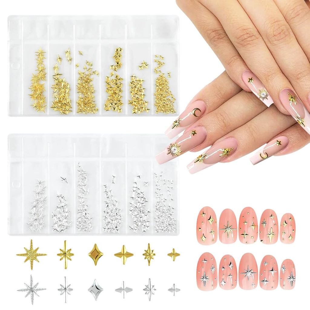 400 peças de enfeites de unhas em 3D, estrelas douradas e prateadas, joias de unhas com strass, decorações, kit de manic