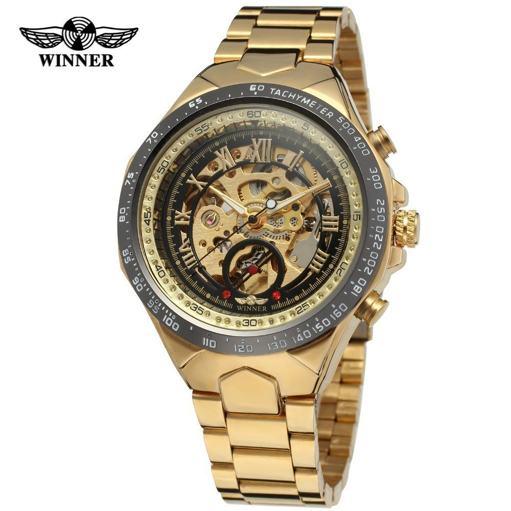 Relógio Mecânico Automático Masculino Exclusivo WINNER, Elegante, Dourado, Totalmente em Aço, Esqueleto EBBS