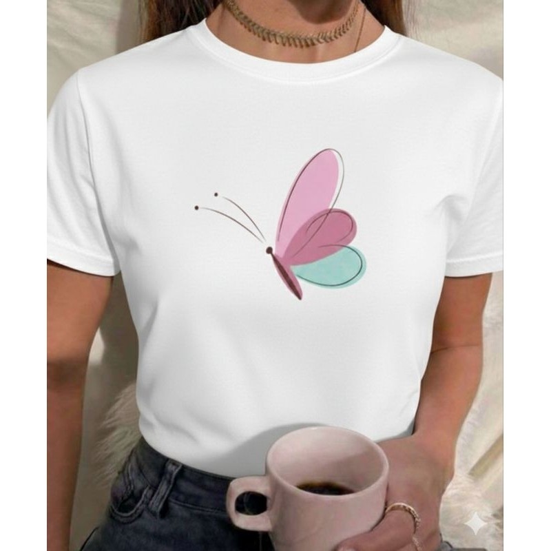 Camiseta básica confortável  Feminina Blusas Modelo Borboleta Blusinha em Tecido Algodão Leve  Estilosa Manga Curta basi