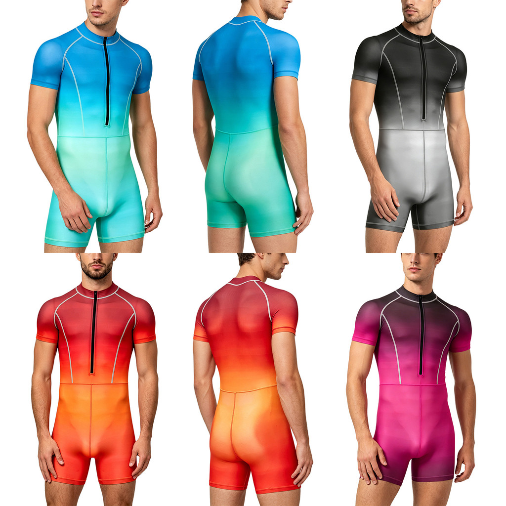 MSemis Masculino Gradiente Rash Guard Macacão Manga Curta Zíper Frontal Boyshorts Bodysuit Uma Peça Maiô Surf Mergulho R