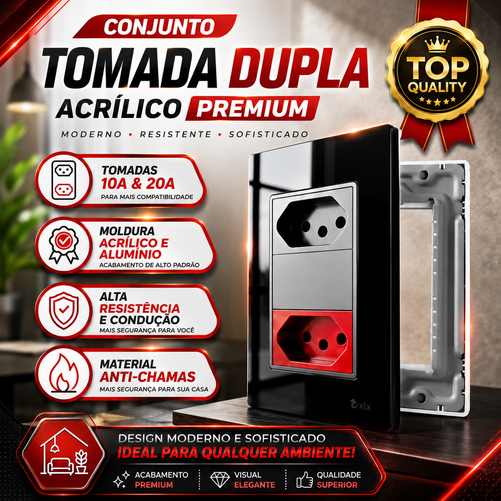 Tomada Modular Dupla de Parede 10A 110V 20A 220V Placa Preta de Acrílico Espelhado Innova XLX