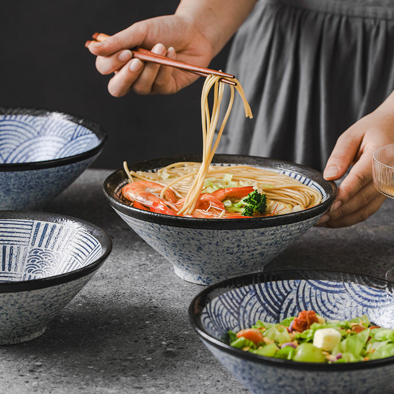 Tigela de Ramen com Padrão Qinghai, Tigela Estilo Japonês, Utensílios de Mesa, Tigela de Cerâmica, Tigela de Arroz, Tige