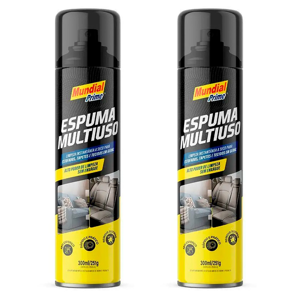 Kit 2 Espuma Multiuso Limpa Tudo Mundial Prime 300ml 251g Limpa a Seco Para Sofa Estofado Tapete Tecidos Lavanda