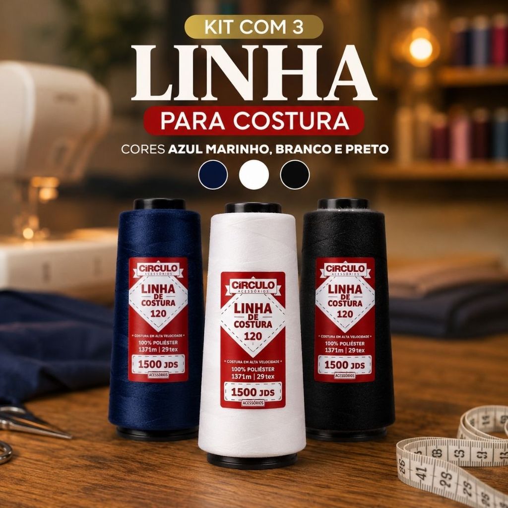 Kit c/3 Linha Poliéster Costura Industrial 1500 Jds Círculo